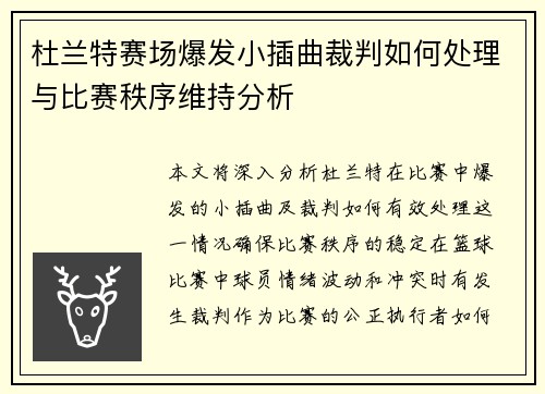 杜兰特赛场爆发小插曲裁判如何处理与比赛秩序维持分析