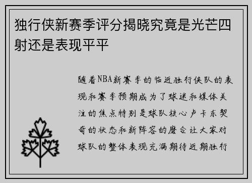独行侠新赛季评分揭晓究竟是光芒四射还是表现平平