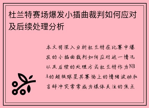杜兰特赛场爆发小插曲裁判如何应对及后续处理分析