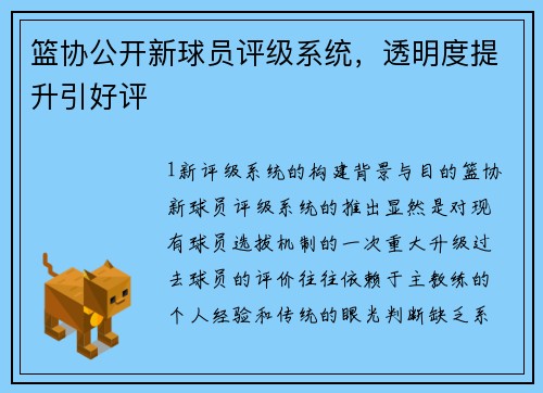 篮协公开新球员评级系统，透明度提升引好评